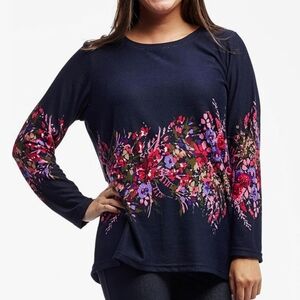 Navy Floral Print Long Sleeve Knit Top Long Sleeve Round Neck 3X